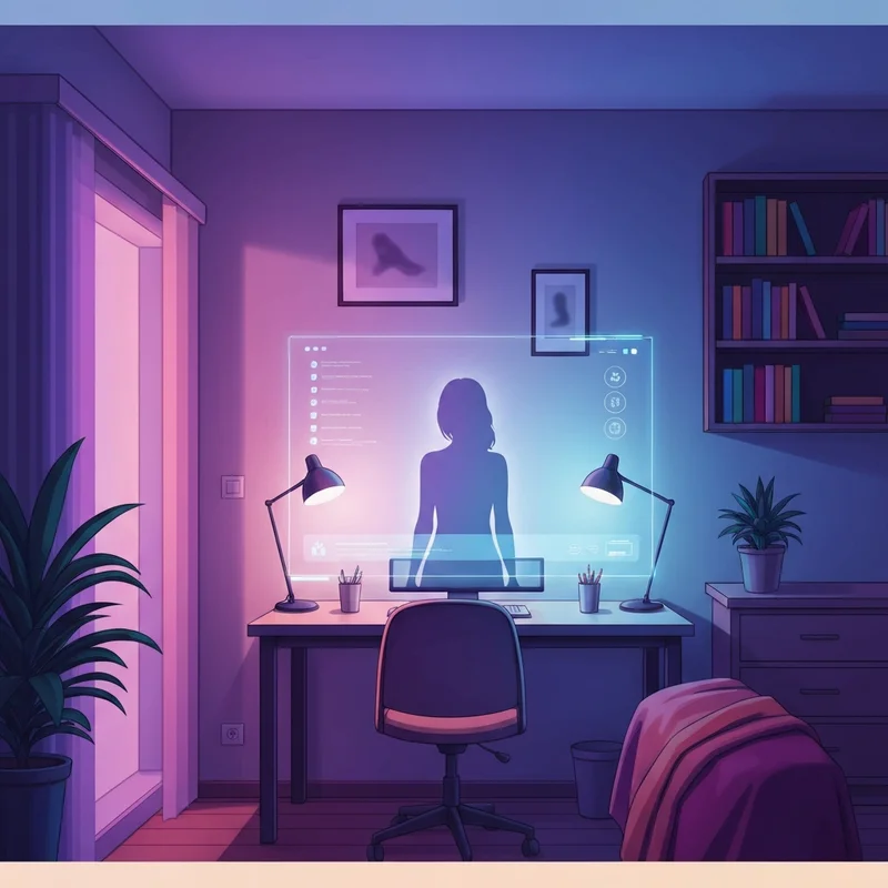 A peaceful evening setting with a futuristic digital companion interface for ai girlfriend nsfw roleplay.