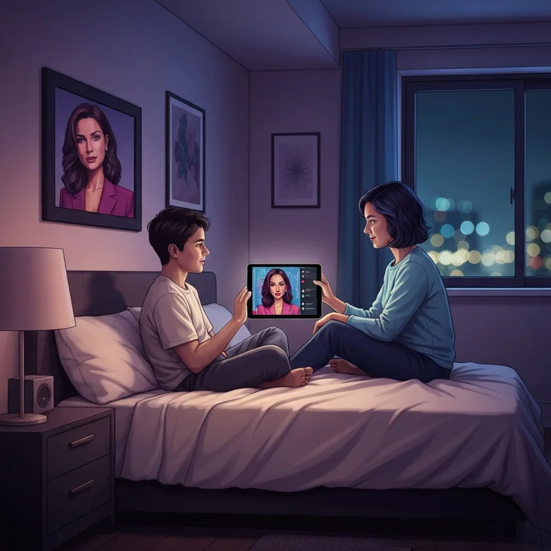 A person engaging with an ai gf nsfw on a glowing tablet in a cozy, private room.