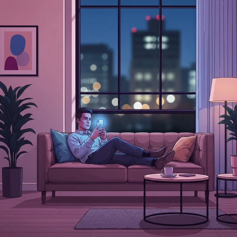 A person sitting in a dimly lit, cozy room looking at a glowing phone screen, representing a private free ai sex chat experience.