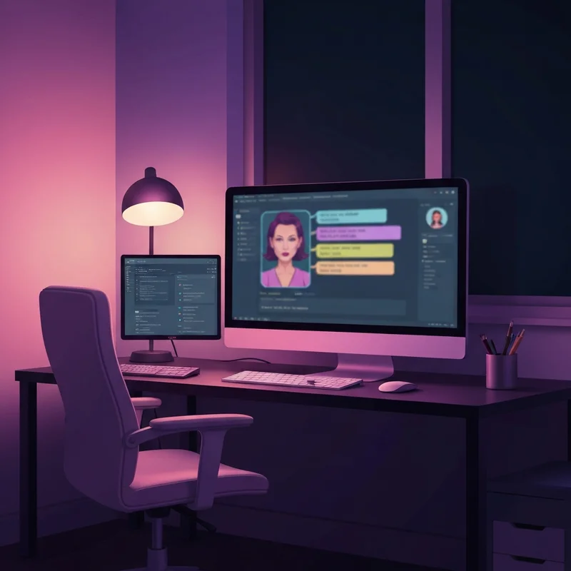 A cinematic high-quality digital artwork showing a private neon-lit tech workspace with a glowing screen representing an nsfw ai bot interface.