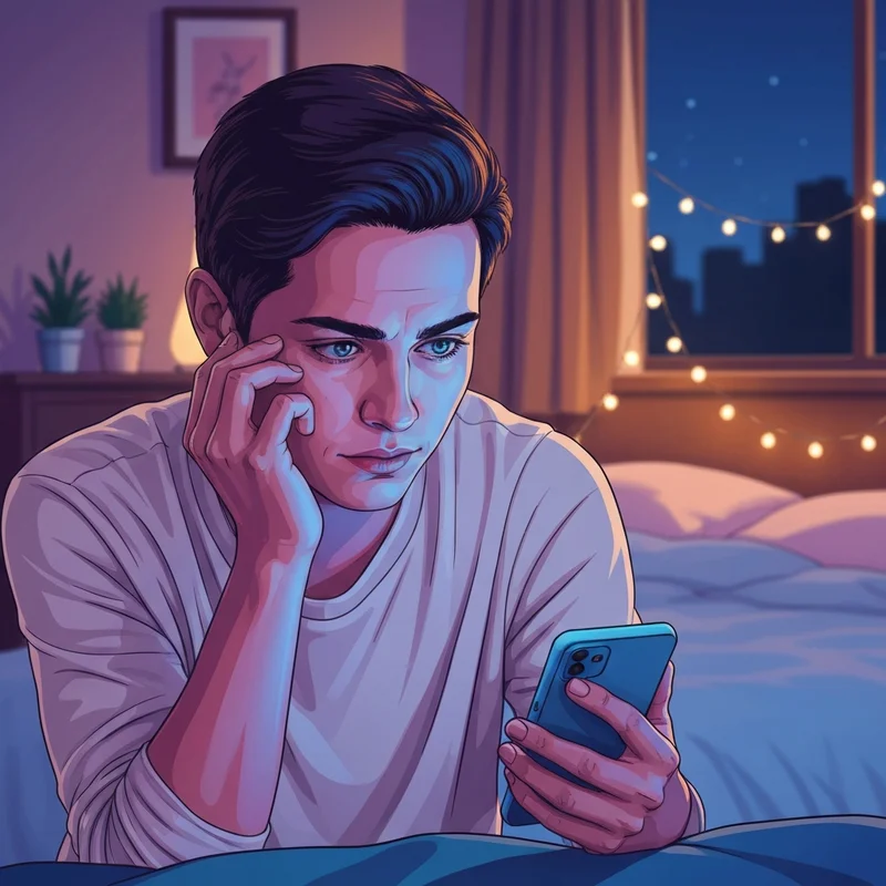 A young person sitting comfortably in a dimly lit room, glowing phone in hand, finding relief through an online free therapist chat.