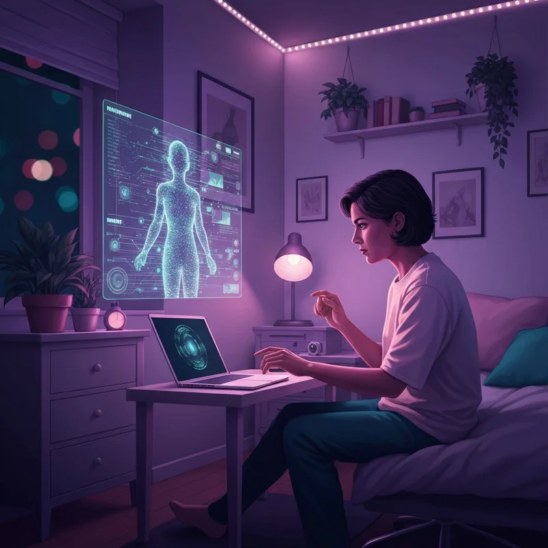 A person sitting in a dimly lit, cozy room with a laptop, focusing on a screen that shows a glowing, abstract digital companion interface for pornographic ai chat.