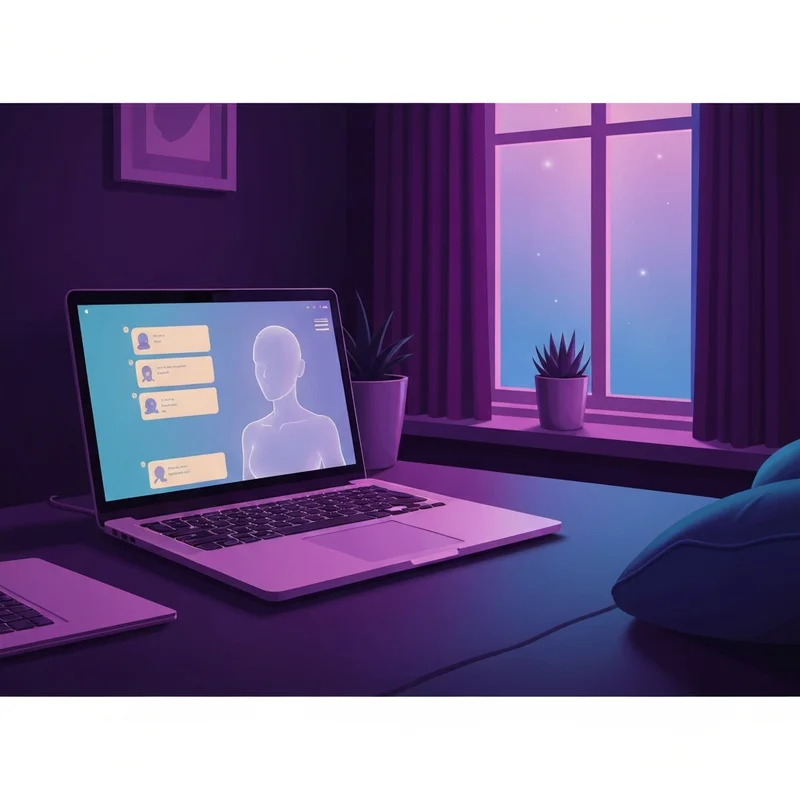 A person sitting in a dimly lit room looking at a glowing laptop screen with abstract digital silhouettes of character archetypes, representing nsfw character ai.