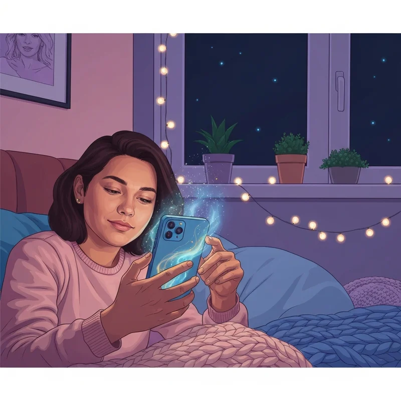 A young adult sitting comfortably in a cozy room, looking at a glowing smartphone screen reflecting a supportive and warm light, symbolizing the heypi ai experience.