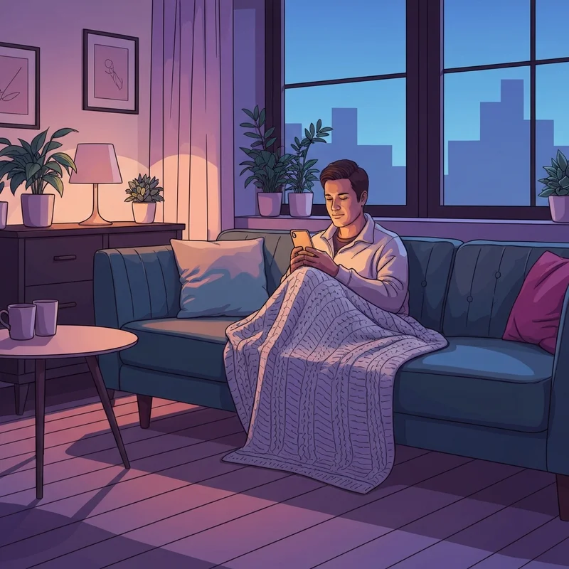 A person sitting comfortably on a sofa at night, holding a glowing smartphone while engaging in a therapist chat for emotional support.