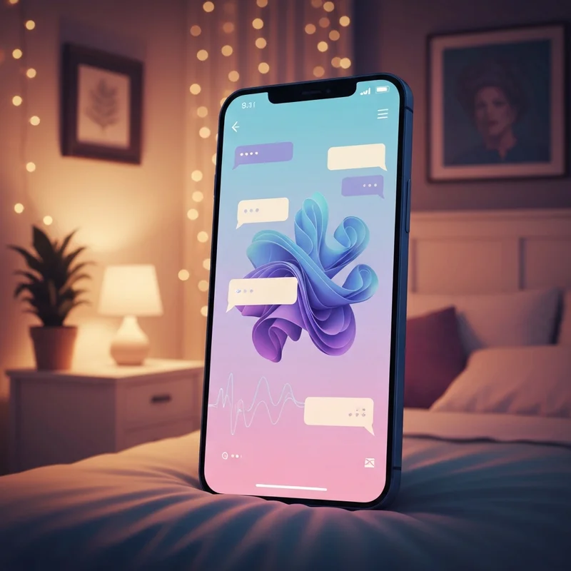 A futuristic digital interface for a dirty ai showing abstract neon patterns and conversational scripts in a dimly lit, high-tech setting.