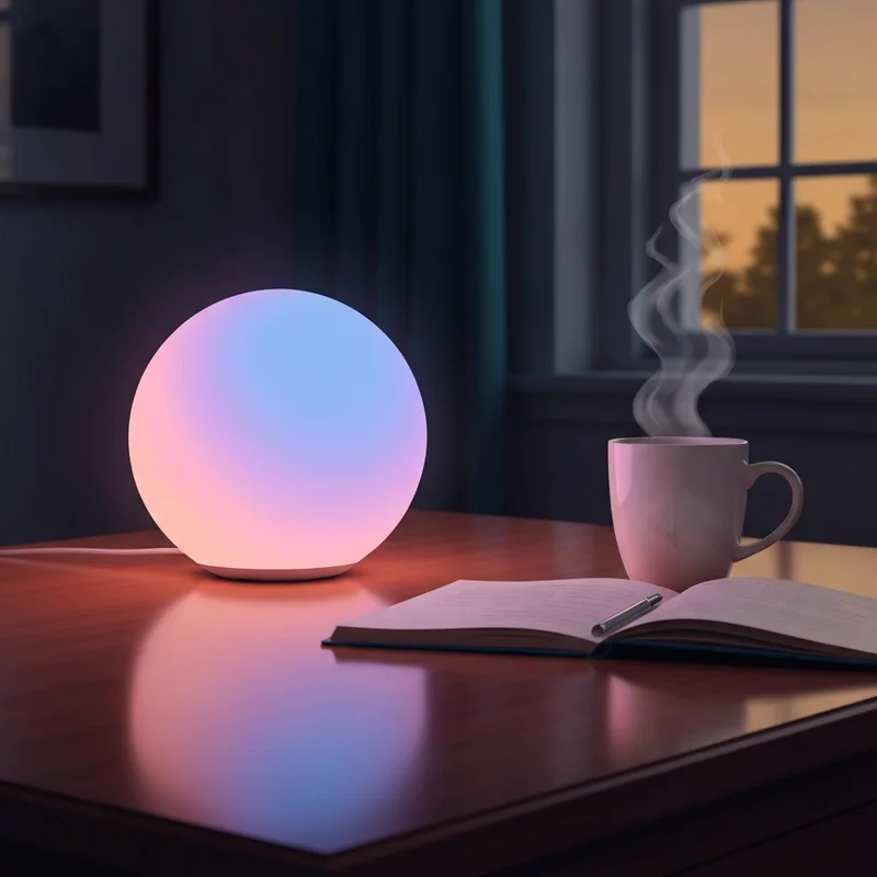 A soft glowing orb of light representing a pi bot AI companion in a warm, cozy room.