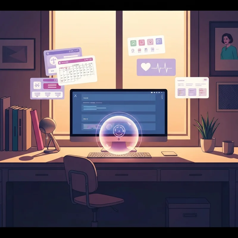 A futuristic personal ai assistant interface showing a holographic squad of digital helpers managing a busy schedule and emotional well-being.