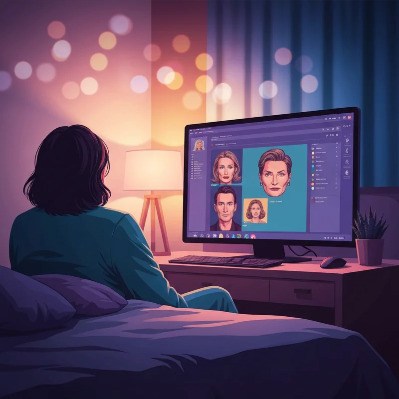 A person sitting comfortably in a dimly lit room, interacting with a glowing digital interface representing free ai nsfw chat, focused on intimacy and privacy.