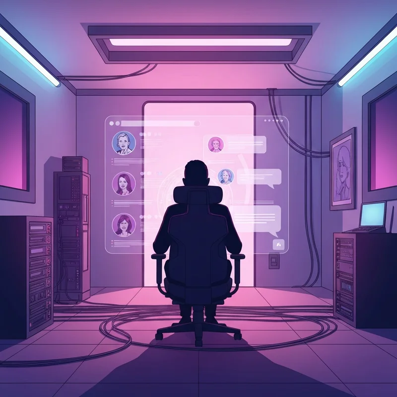 A futuristic digital sanctuary for free nsfw chat featuring a glowing interface and anonymous character silhouettes.