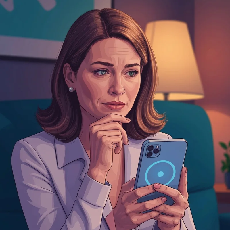 A serene young professional woman sitting in a dimly lit, cozy apartment, looking at the glowing interface of the pi personal assistant on her smartphone.