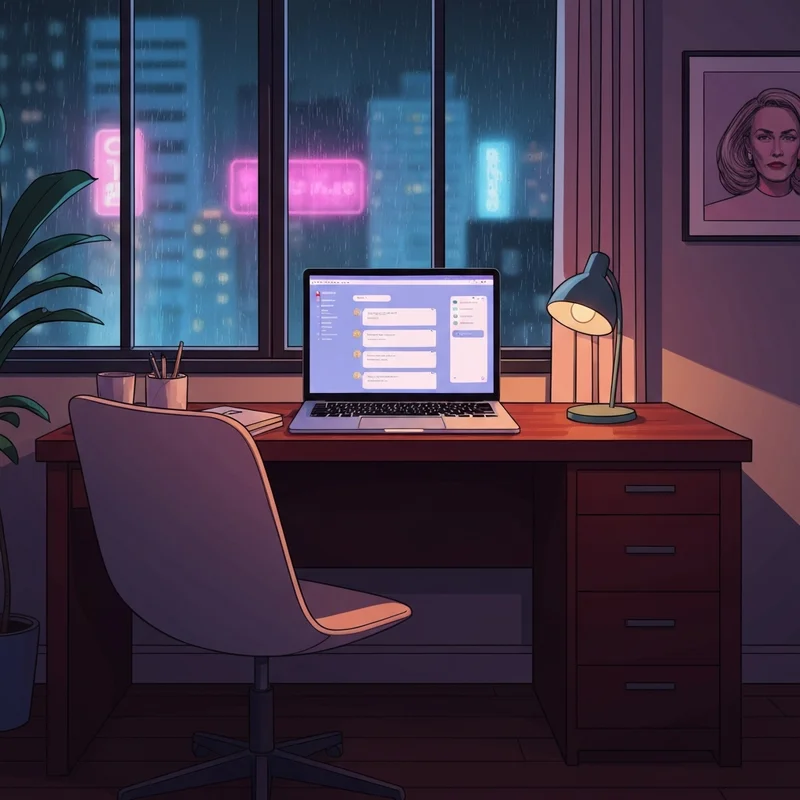 A serene, private room with a soft glowing laptop screen showing a creative roleplay interface, representing free erotic ai.