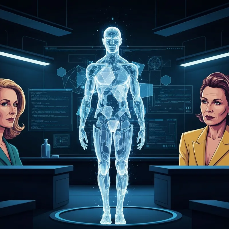 A glowing digital character silhouette being constructed in a futuristic AI interface, perfect for a perchance character creator.