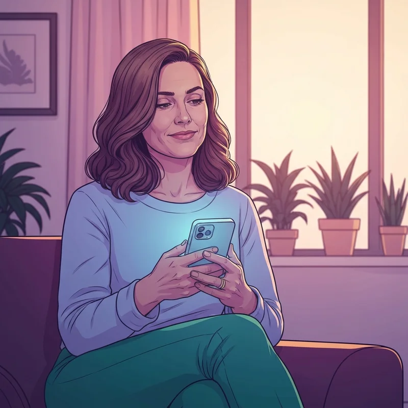 A serene young woman sitting by a window with a glowing smartphone, interacting with pi your personal ai in a cozy, modern living room.