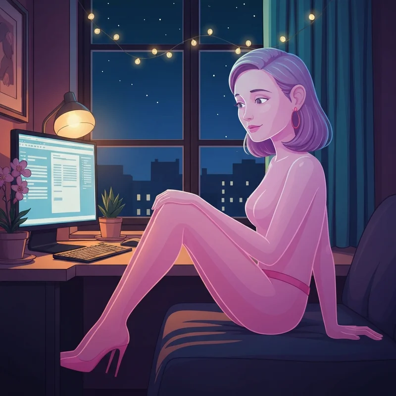 A peaceful digital companion scene showing a juicy ai girlfriend character in a soft-lit room, symbolizing safe emotional exploration and intimacy.