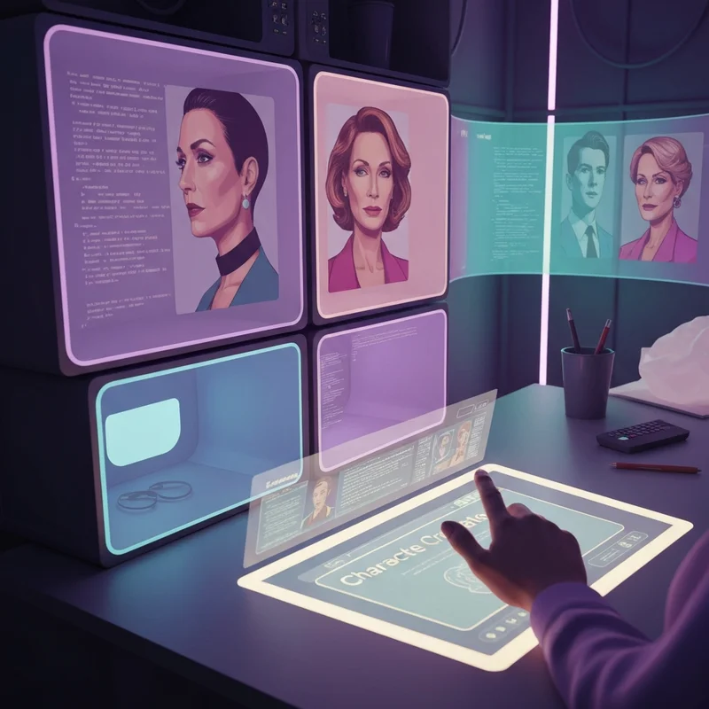 A futuristic digital interface showing a perchance ai bot customization screen with glowing text and modular character blocks.