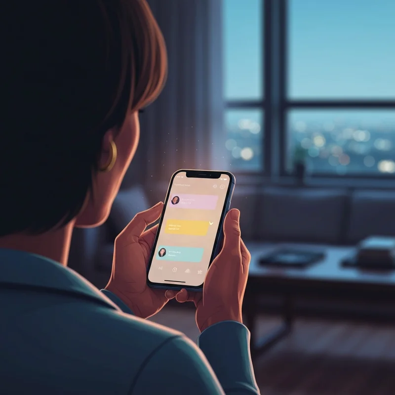 A cinematic, intimate scene of a person using a glowing smartphone in a dimly lit, cozy room, representing ai porn talk.