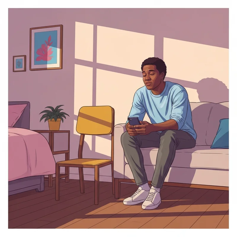 A peaceful person sitting on a bench in a sunlit park, looking at a smartphone for a free therapy session, symbolizing accessibility and emotional relief.