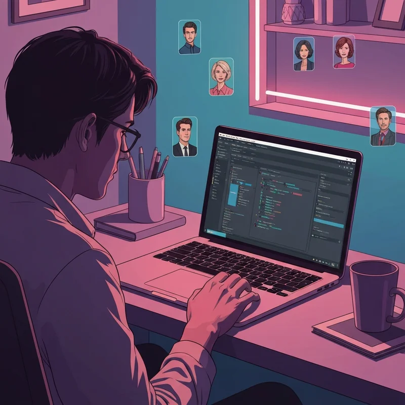 A creative young adult designing a perchance chatbot on a glowing laptop screen in a cozy room.