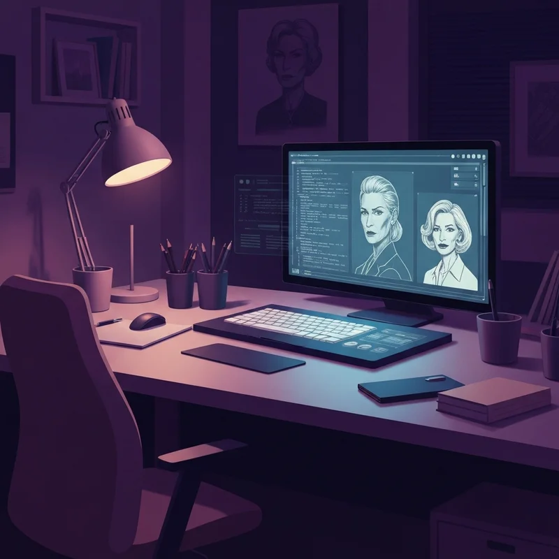 A futuristic, neon-lit digital workspace with abstract floating code and artistic AI-generated character silhouettes representing the creative freedom of perchance sex generators.