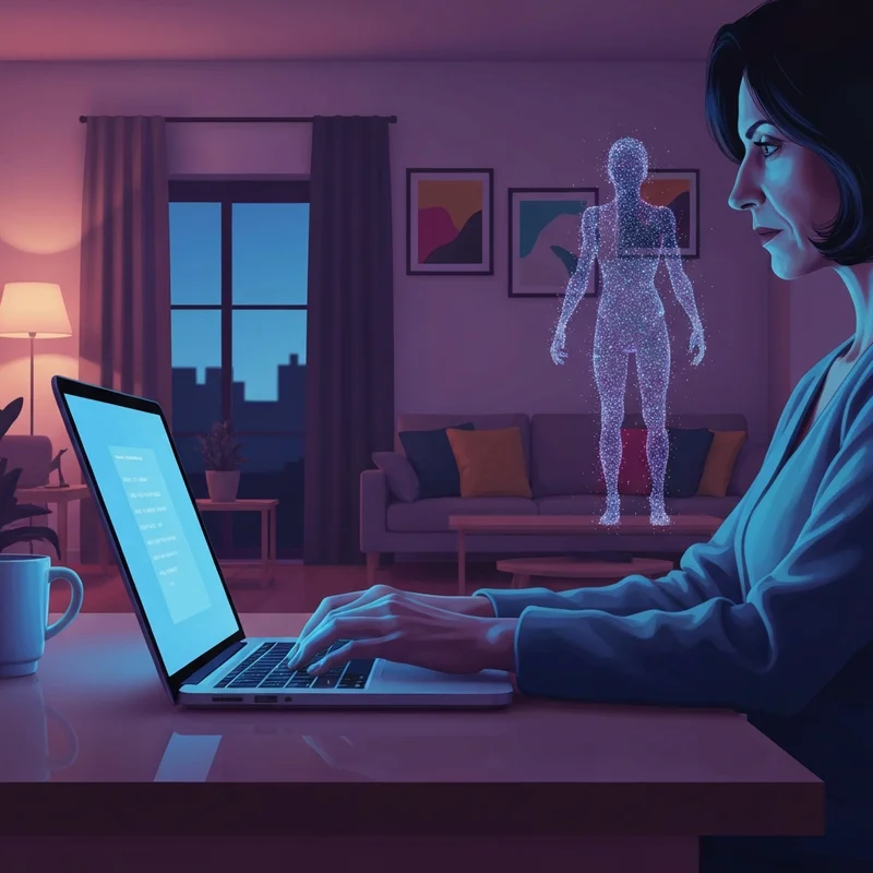 A cinematic, moody digital illustration representing safe exploration of ai sex chat porn through a glowing interface in a private room.