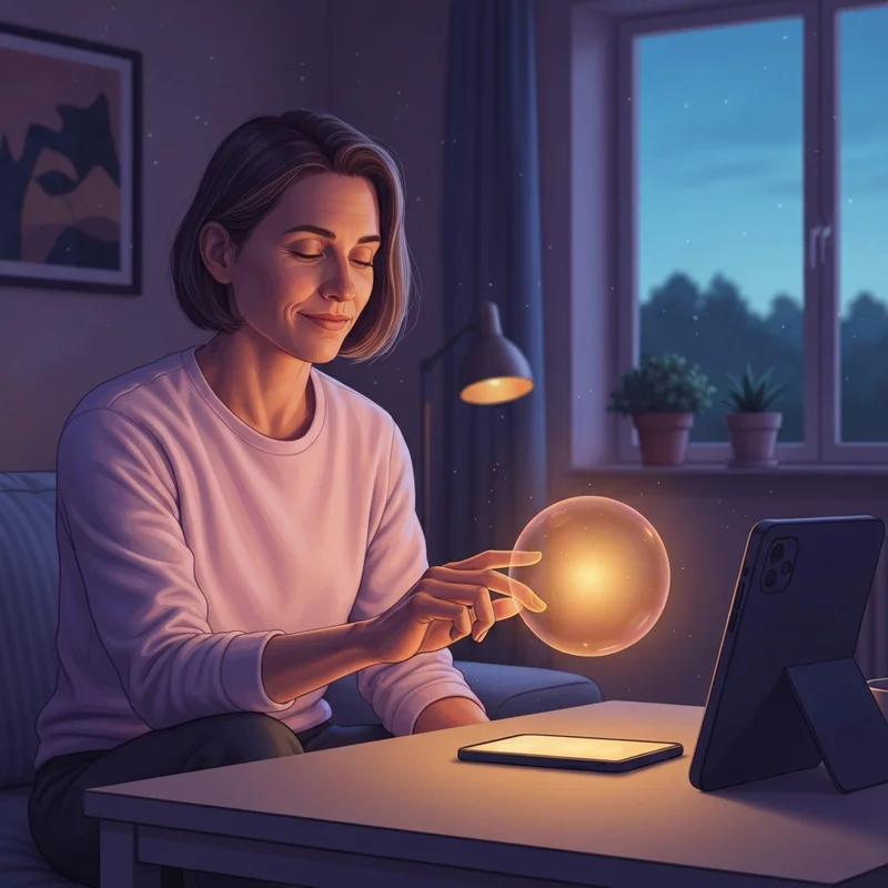 A young professional woman sitting in a soft-lit room engaging with a glowing relationship ai interface on her tablet.