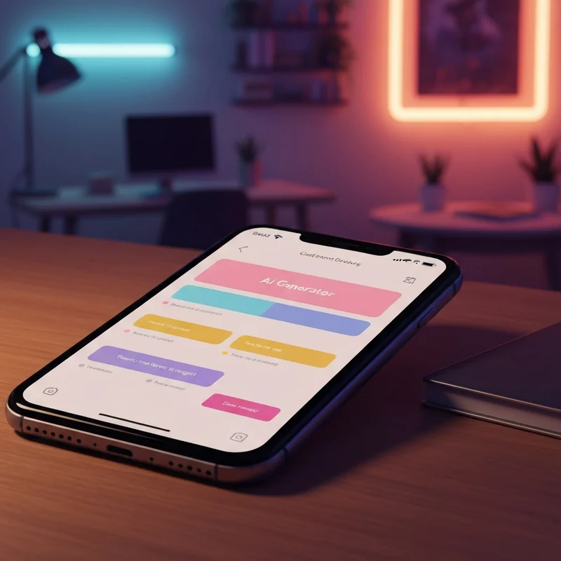 A modern smartphone displaying a custom perchance ai app interface with neon creative tools and AI generators.