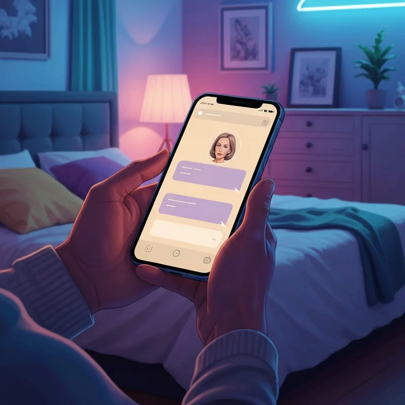 A person using a smartphone at night to access ai sex chat apps, feeling a sense of privacy and emotional connection.