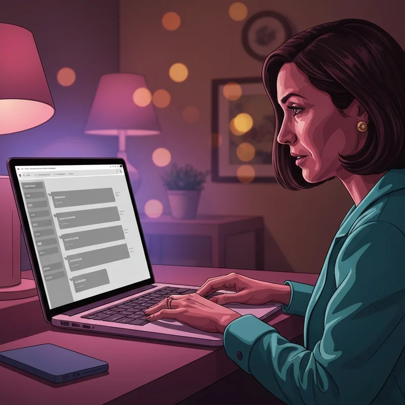 A nostalgic young woman looking at a laptop screen with a glowing grey interface, representing the how to go to old character ai search.