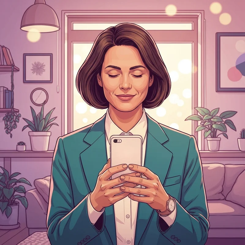 A serene person sitting on a couch in a sunlit room, holding a smartphone while talking to their pi assistant personal AI companion.