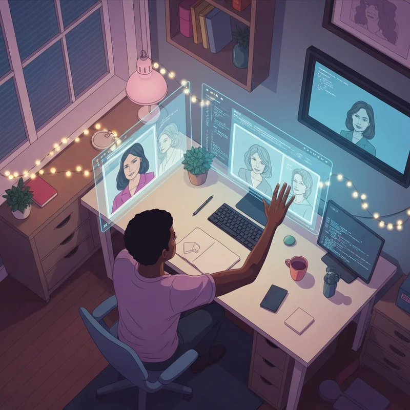 A creative person using perchance ai to manifest holographic character art in a neon-lit digital studio.