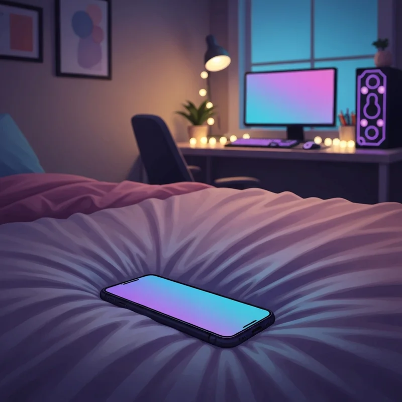 A serene and modern digital aesthetic featuring a glowing smartphone on a soft bed, representing a safe space for exploring the best free ai sexchat.
