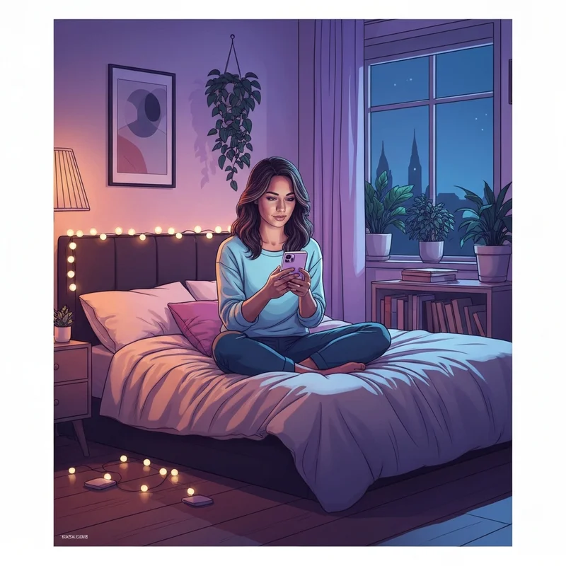 A person sitting comfortably in a dimly lit room, glowing screen reflecting a soft blue light on their face as they engage with best free ai sexting.
