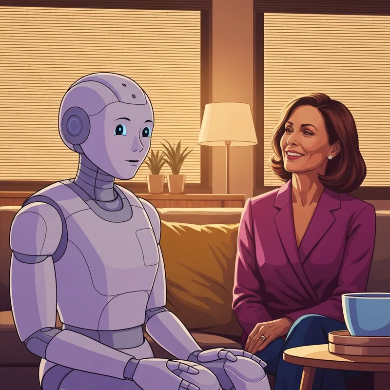 A realistic, friendly companion robot with expressive eyes sitting on a sofa in a warm, sunlit living room, interacting with a middle-aged woman.