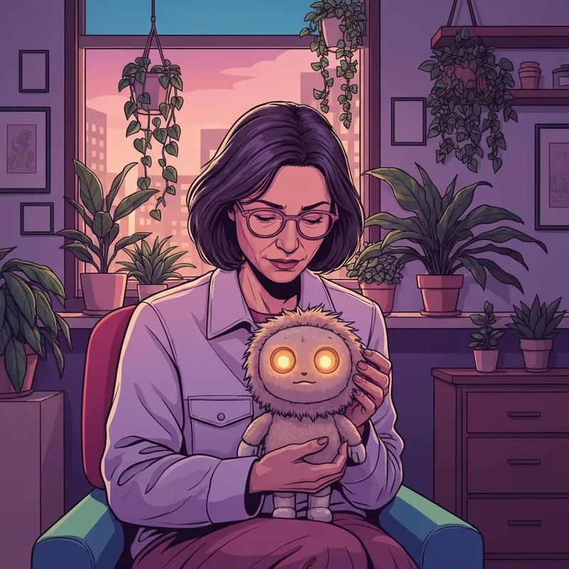 A young adult in a modern apartment interacting with a soft, glowing robotic ai pet on their lap.
