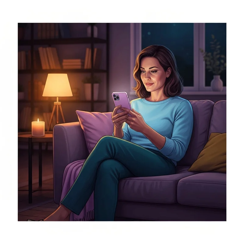 A woman looking at a relationship advice chat on her phone in a warm, dimly lit room.