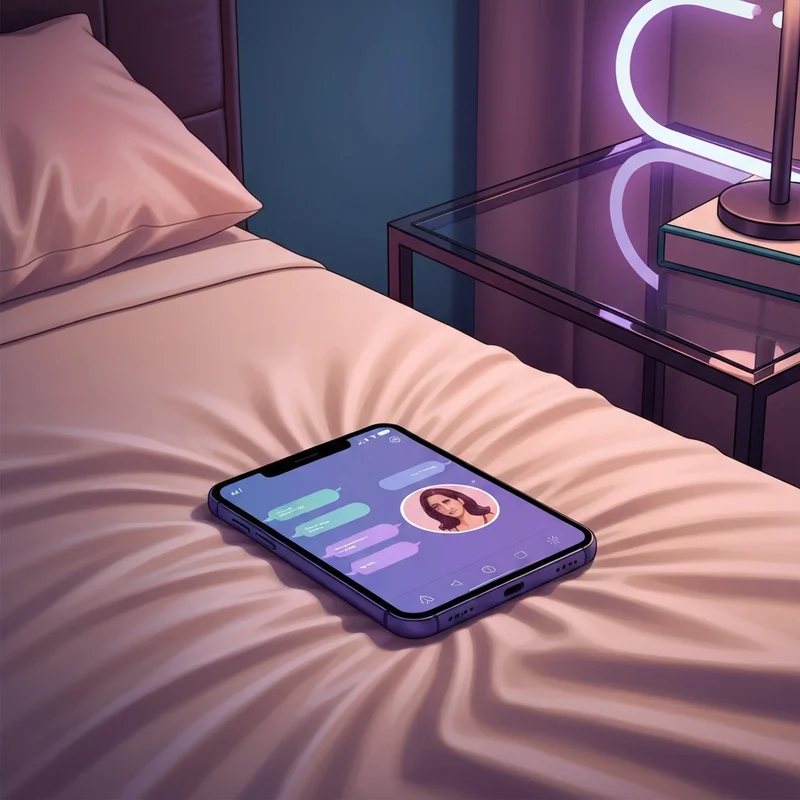 A futuristic digital interface showing a sophisticated porn chatbot roleplay session with soft neon lighting and high-tech aesthetics.