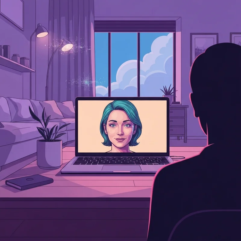 A cinematic visualization of a high-quality ai sex video chat interface showing a realistic digital companion in a softly lit, modern environment.