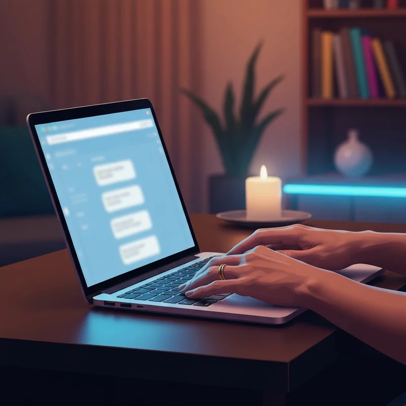 A person using a laptop in a dimly lit, cozy room, focusing on a screen that displays a secure and private sexting ai no sign up interface.