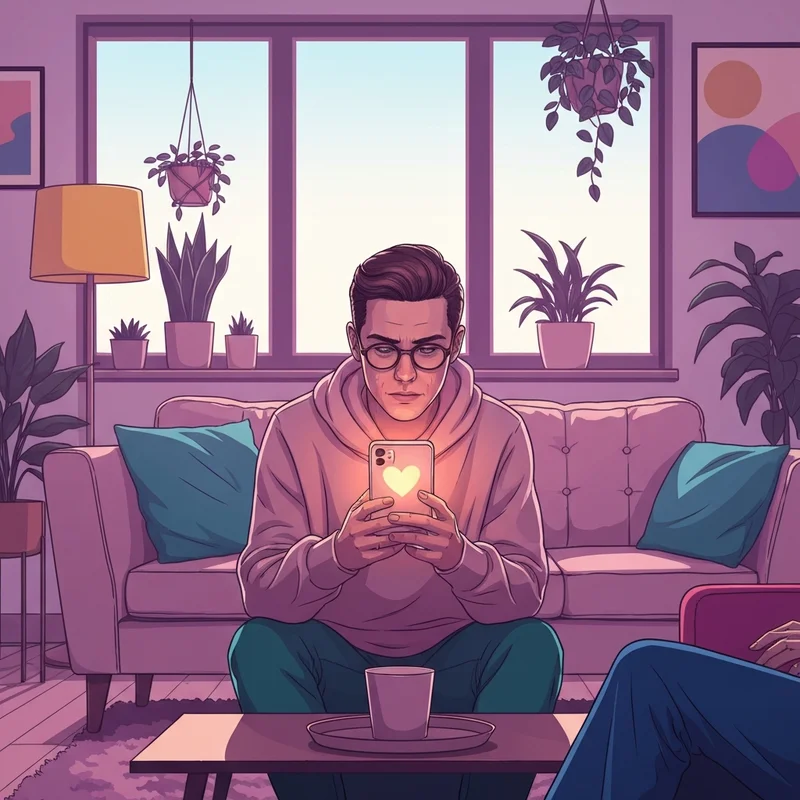 A peaceful scene showing a young woman looking at her phone with a glowing heart icon, symbolizing her interaction with an ai relationship therapist in a cozy room.