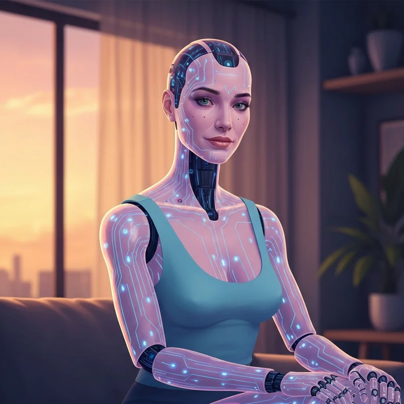 A hyper-realistic real life companion robot with soft lighting and intricate AI-powered facial expressions sitting in a modern living room.