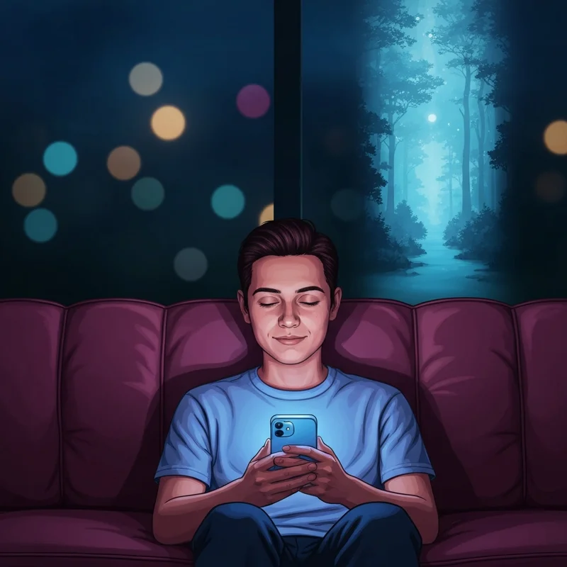 A person sitting comfortably in a dimly lit room, holding a glowing smartphone while engaging in immersive replika roleplay.