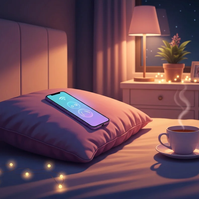 A serene, dimly lit room with a glowing smartphone screen showing a safe, private chat interface for free sex ai apps.