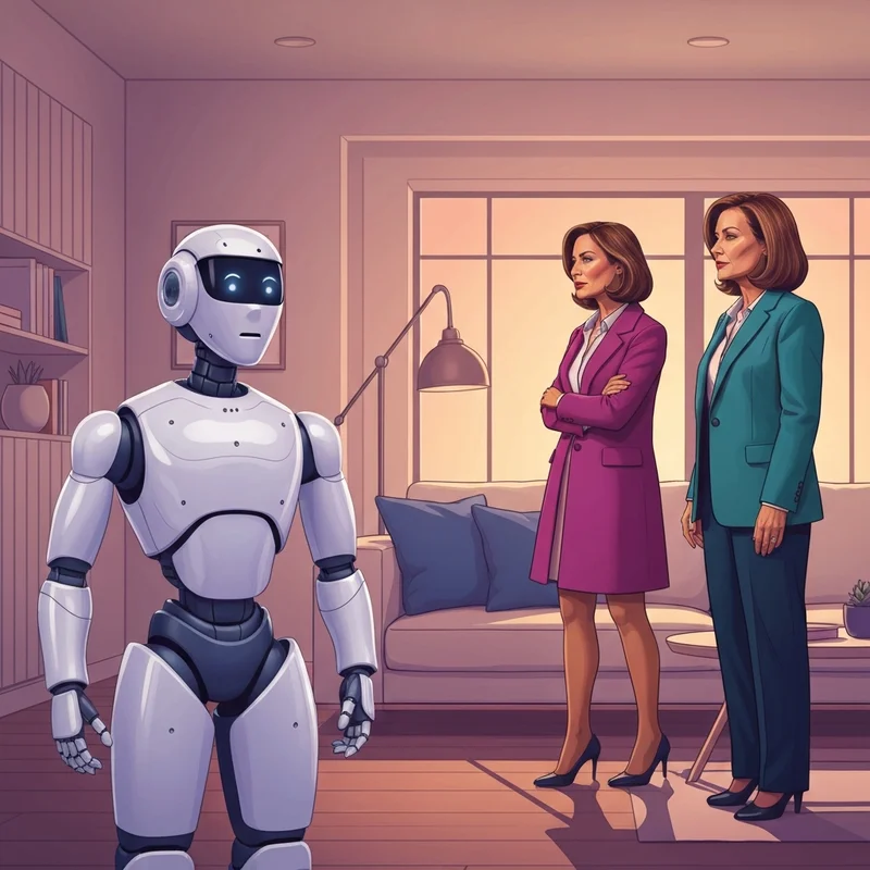 A high-tech living room featuring a friendly, sleek ai companion robot interacting with a professional woman in her late 30s.