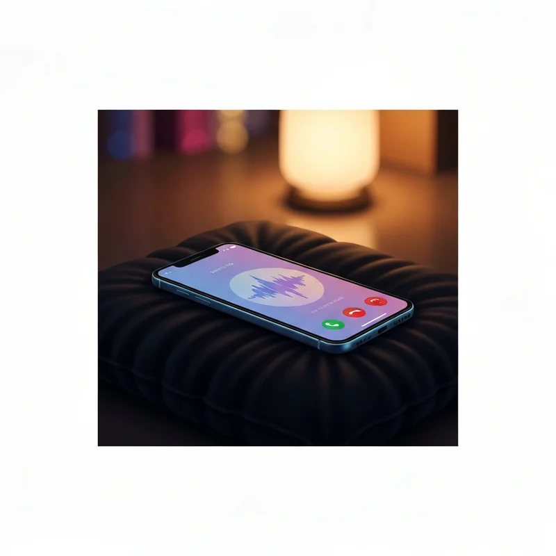 A cinematic shot of a modern smartphone on a velvet surface, glowing with a soft interface in a dimly lit, intimate setting, representing free ai phone sex.