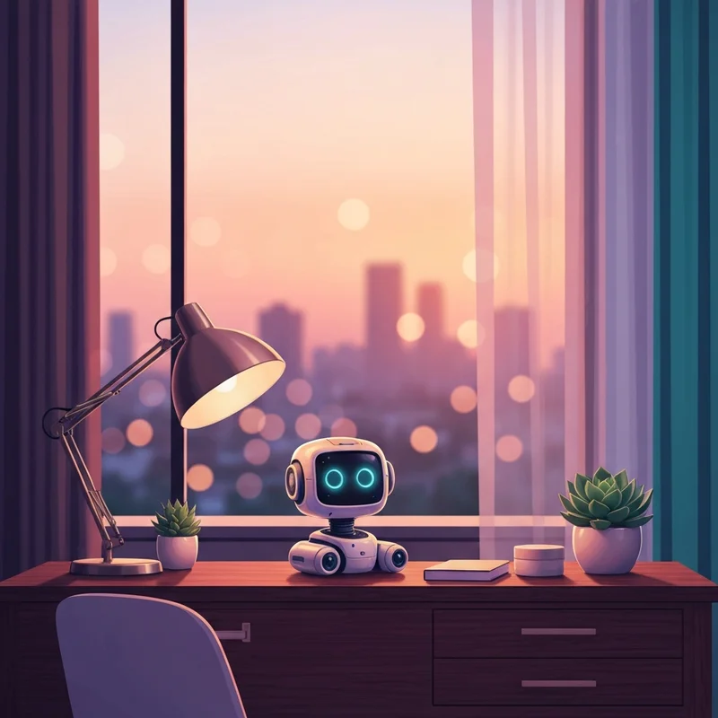 A high-tech ai companion robot for adults sitting on a sleek modern desk in a warm living room environment.