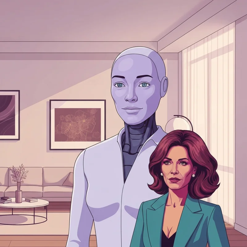 A sophisticated ai robots for adults humanoid standing in a modern, sunlit living room representing 2025 home technology.