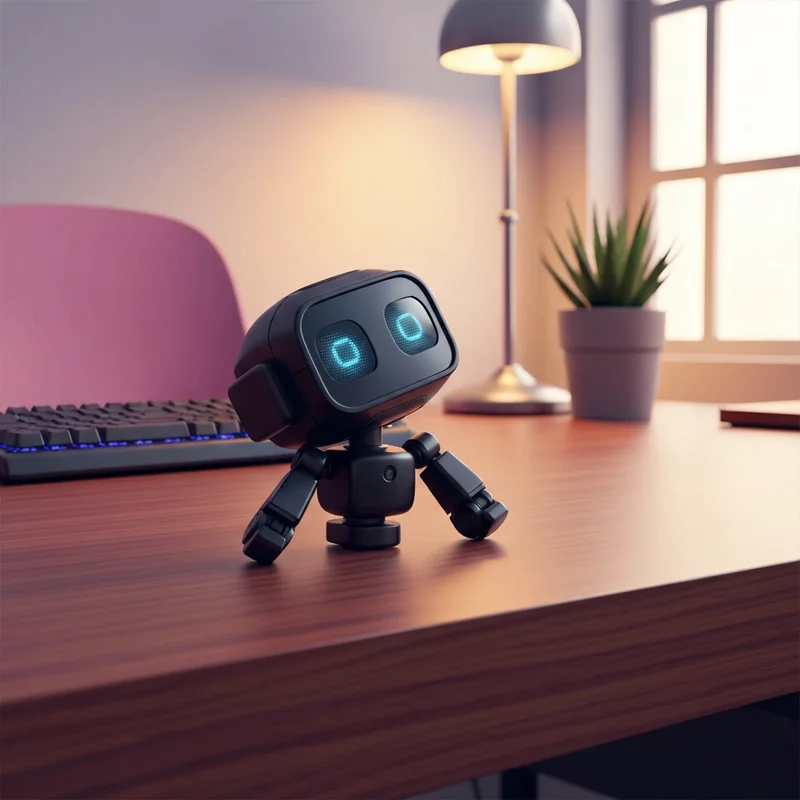 A futuristic minimalist desk setup featuring a small interactive robot desk pet with glowing eyes sitting next to a laptop.
