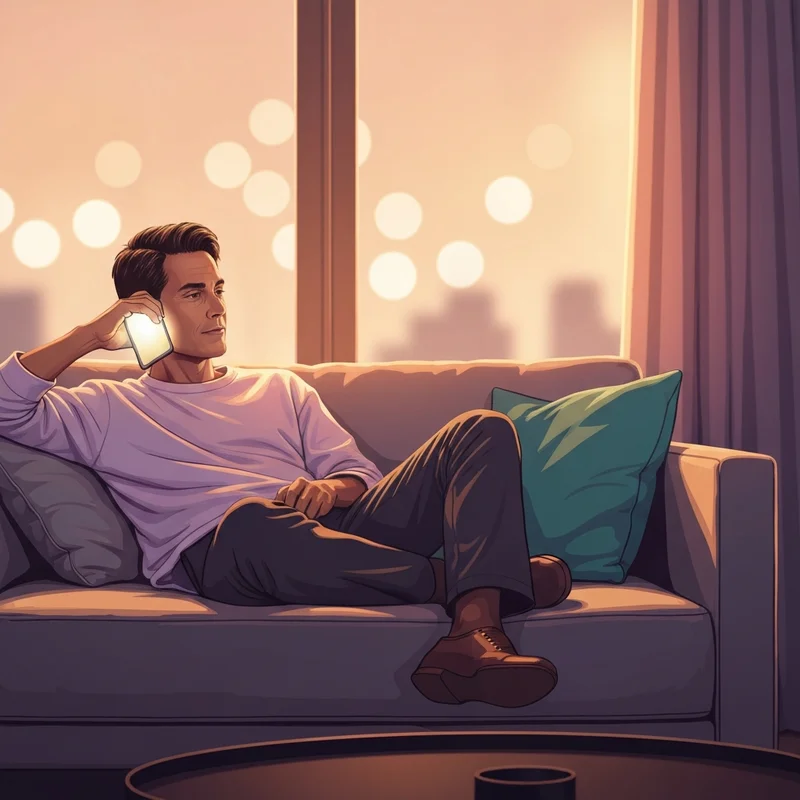 A peaceful person using pi talk on their phone in a dimly lit, cozy room, feeling supported and heard.