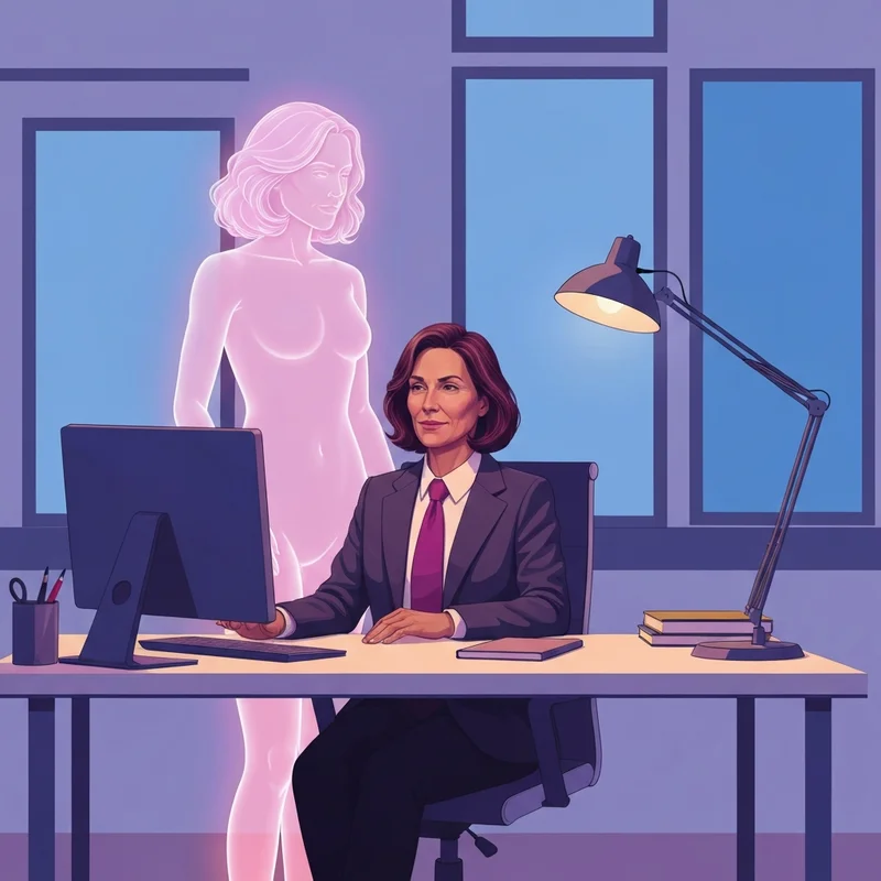 A glowing digital silhouette representing personal artificial intelligence sitting next to a human, symbolizing a digital twin and supportive companion.